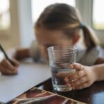 Enfant qui écrit dans un cahier avec un verre d'eau au premier plan
